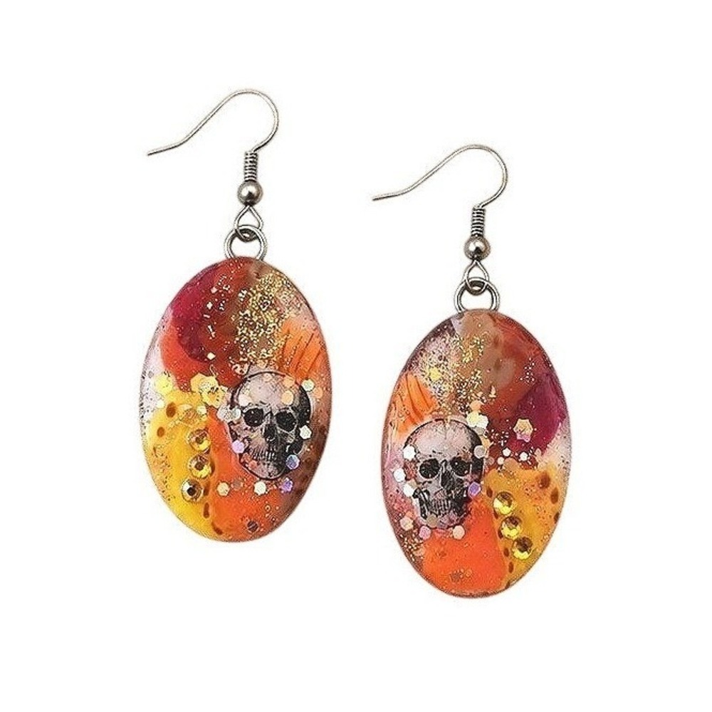 Skull Resin Dangle Earrings Orange Glitter Rhinestone Goth Halloween OOAK